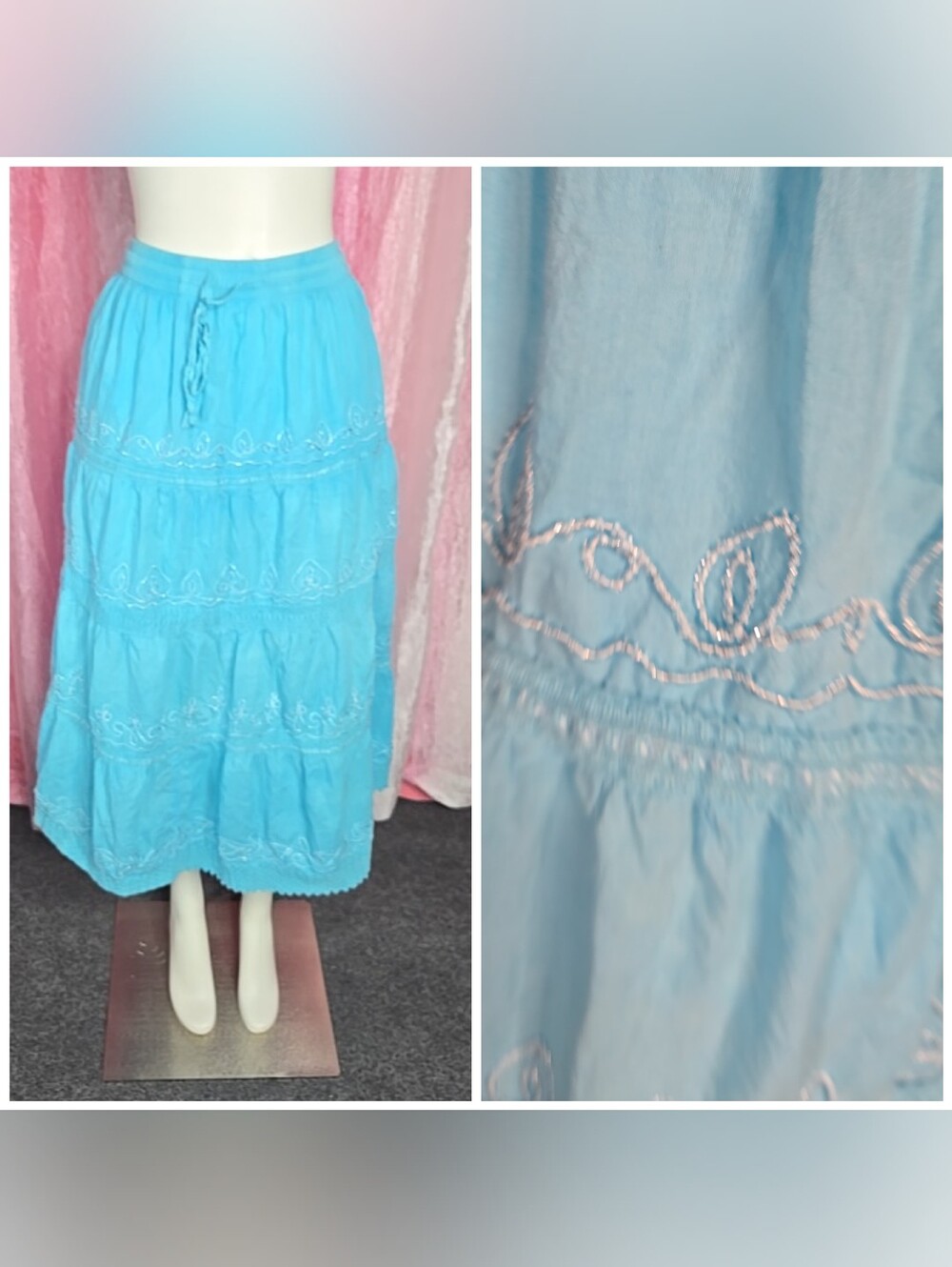 Sakkas Blue Cotton Tiered Maxi Skirt Boho Embroidered Maxi Skirt Size Medium